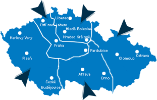 mapa ČR rozdělená dle působnosti jednotlivých zástupců společnosti