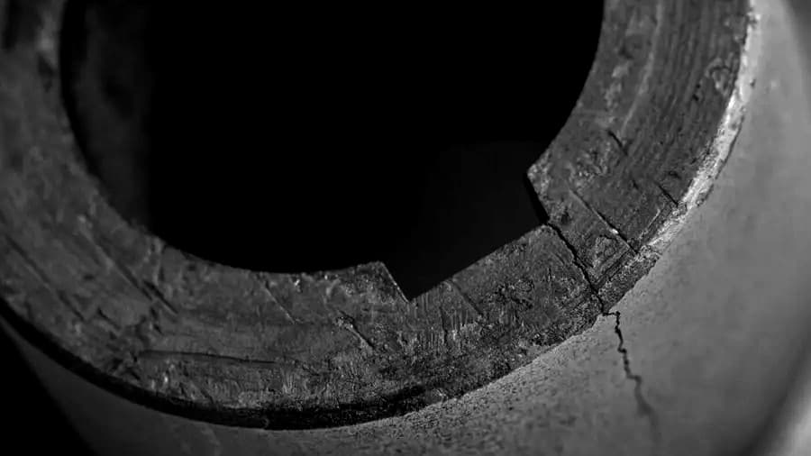 Poškození pouzdra – trhlina v místě drážky pro pero