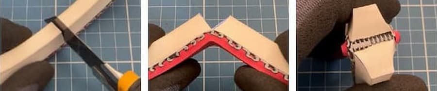 Označíme si místo řezu na zadní straně řemenu a odřízneme vodicí klín až ke tkanině. Jemně rozevřeme řemen. Objeví se dvojité spirálovité svorkování.